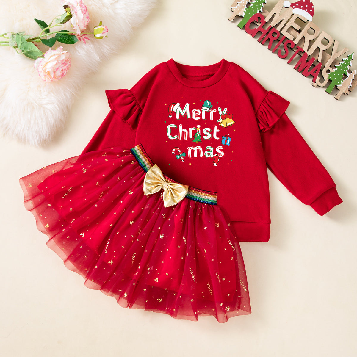 Fall and Winter New Girls' Christmas Dress Set, Double-Sided Fleece T-Shirt amp Skirt 2-Piece Set, Baby Party Outfit