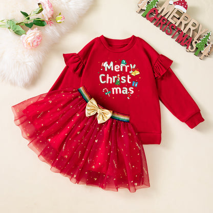 Fall and Winter New Girls' Christmas Dress Set, Double-Sided Fleece T-Shirt amp Skirt 2-Piece Set, Baby Party Outfit