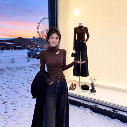 Chic High Neck Hollow Knit Fleece-Lined Warm Inner Layer Top for Women