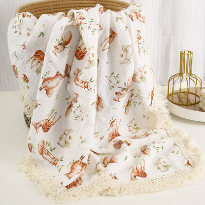 Double layer gauze blanket baby printed pure cotton crepe cloth trolley cover blanket tassel lace baby shawl blanket