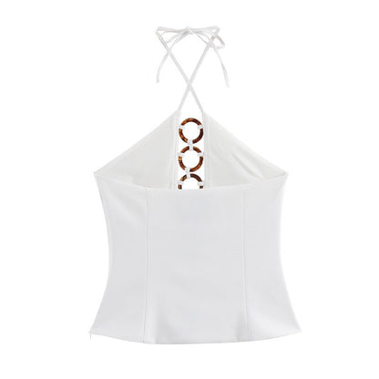 Accessories hanging neck short top, short skirt and pants set for women
