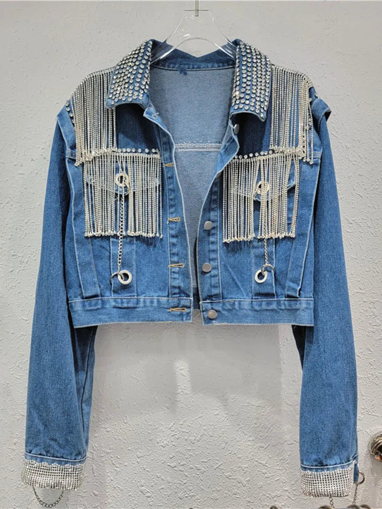 Women's Denim Coats Spliced Diamonds Tassel Metal Chains Rhinestone Long Sleeves Jacket  Autumn New Fashion