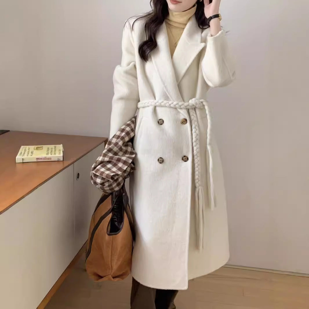 New high-end woven waistband design suit double-sided wool coat woolen coat medium long temperament women's coat