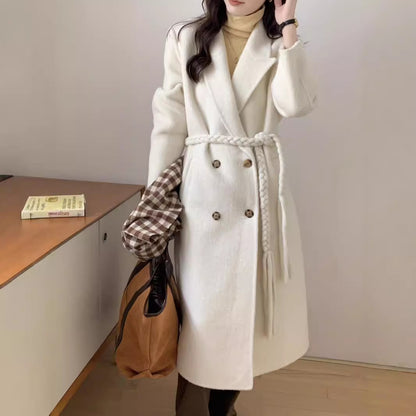 New high-end woven waistband design suit double-sided wool coat woolen coat medium long temperament women's coat
