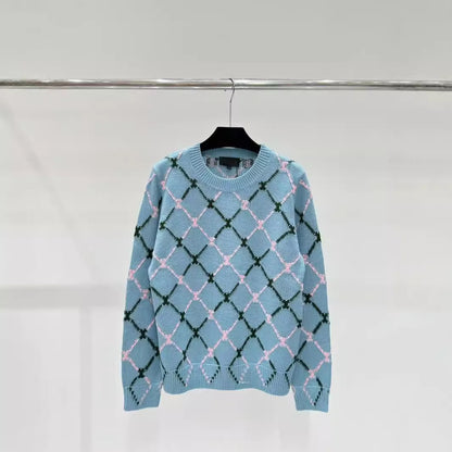 Geometric diamond grid jacquard round neck long sleeved knitted sweater sweet and fashionable sweater for women