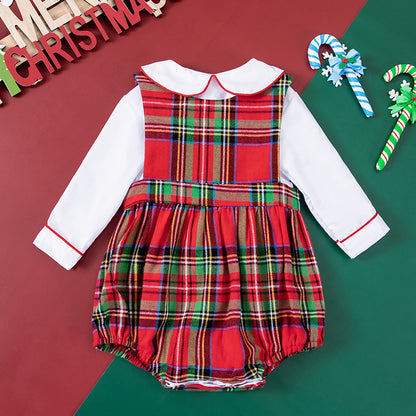 Christmas Carnival Baby Romper Set with Plaid Sleeveless Bodysuit and Long Sleeve T-Shirt, 2-Piece Outfit