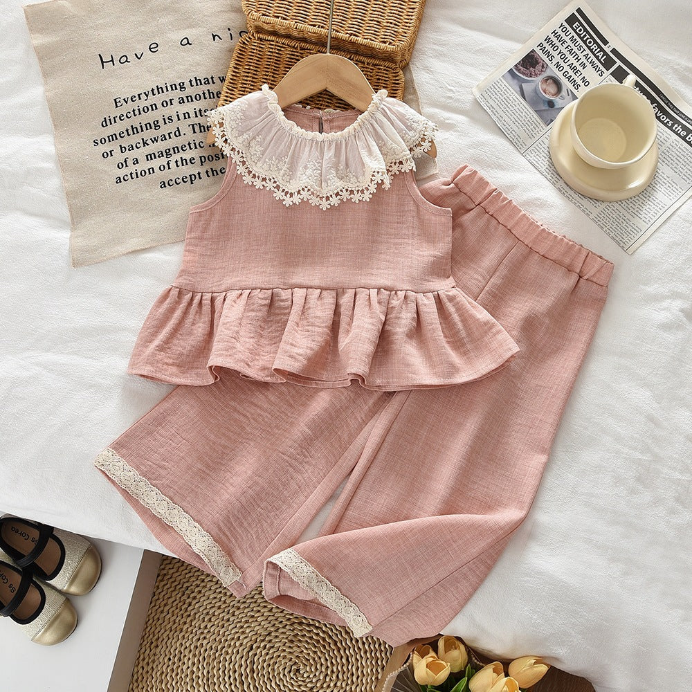 Cute Flower Trim Sleeveless Baby Shirt and Long Pants Two-Piece Set for Girls Summer Outfit
