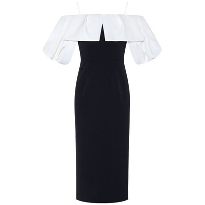 Hit Color Dresses For Women Slash Neck Short Sleeve High Waist Patchwork Ruffles Slimming Dress