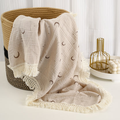 Double layer gauze blanket baby printed pure cotton crepe cloth trolley cover blanket tassel lace baby shawl blanket