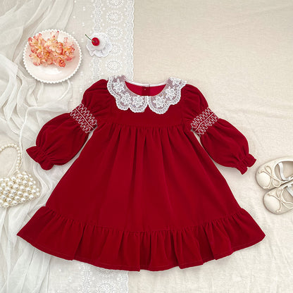 Christmas Red Ruffle Collar Dress for Girls