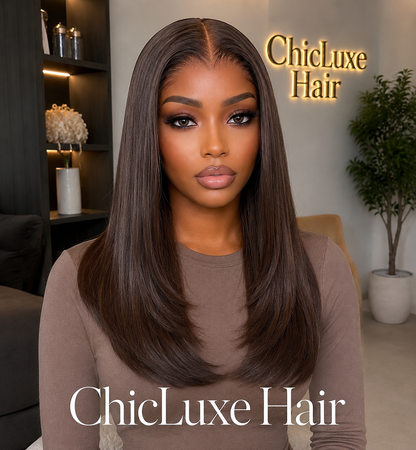 THE MILANO 
Single Donor Raw Vietnamese Bone Straight Melt Wig Chocolate Brown Lagos M Hairline Layered Cut 5*7