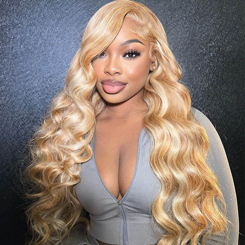 #P27/613 Blonde Highlight 6x5 Wear Go Glueless Wigs 13x4 Body Wave Honey Blonde Wig With Blonde Highlights