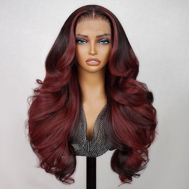 13x4 Lace Front Wigs With Red Highlights Loose Body Wave Red Balayage On Dark Hair Frontal Wigs