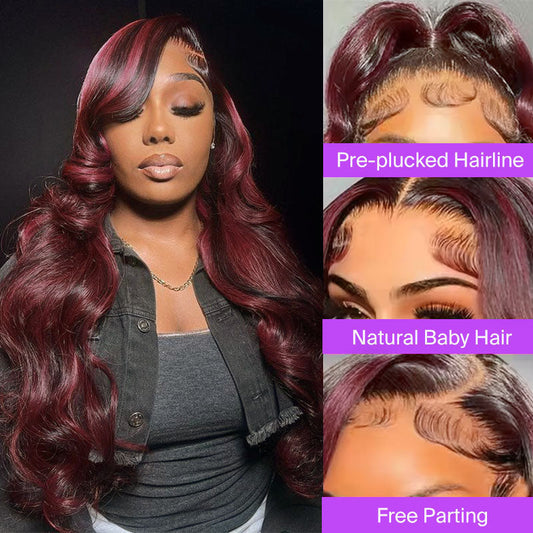 13x4 Lace Front Wigs With Red Highlights Loose Body Wave Red Balayage On Dark Hair Frontal Wigs
