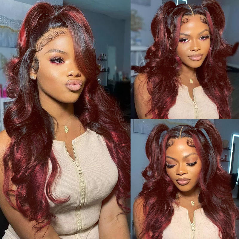 13x4 Lace Front Wigs With Red Highlights Loose Body Wave Red Balayage On Dark Hair Frontal Wigs