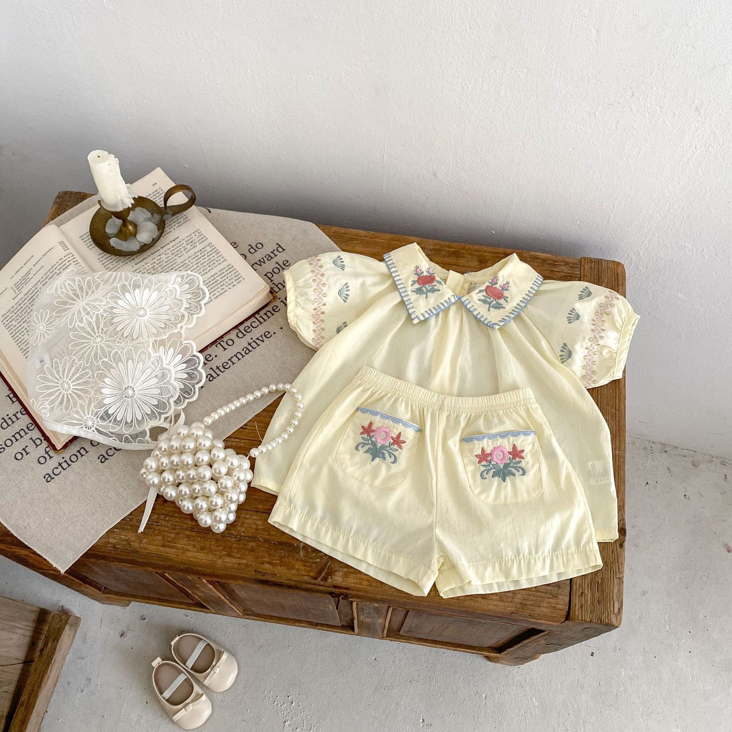 Baby Girl Flower Embroidered Lapel Short-sleeved Shirt Thin Shorts Suit