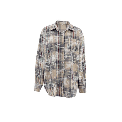 Camisa retro holgada de algodón cepillado a cuadros