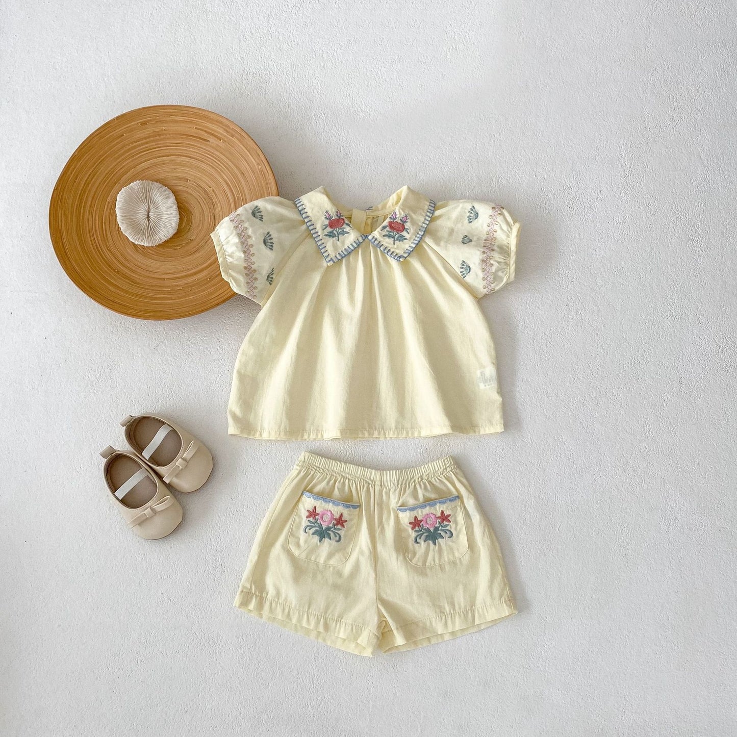 Baby Girl Flower Embroidered Lapel Short-sleeved Shirt Thin Shorts Suit