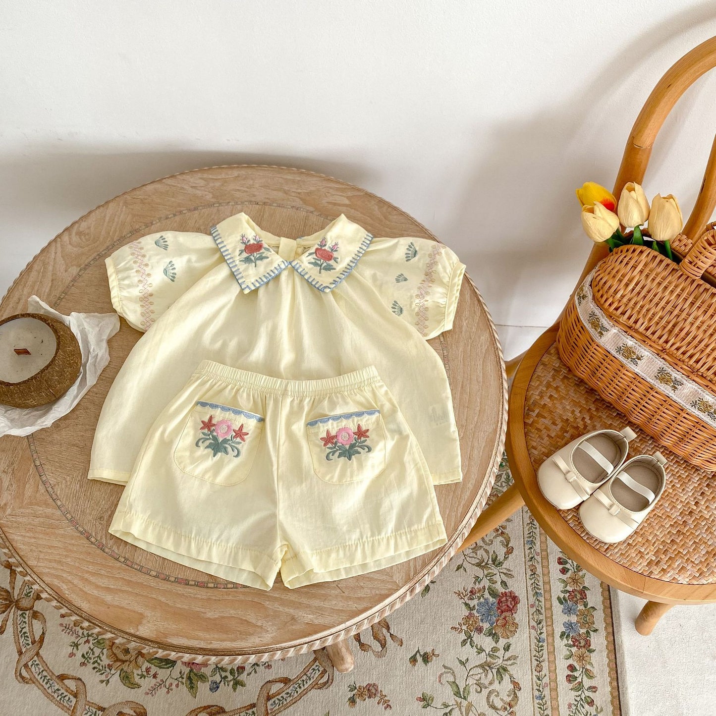 Baby Girl Flower Embroidered Lapel Short-sleeved Shirt Thin Shorts Suit