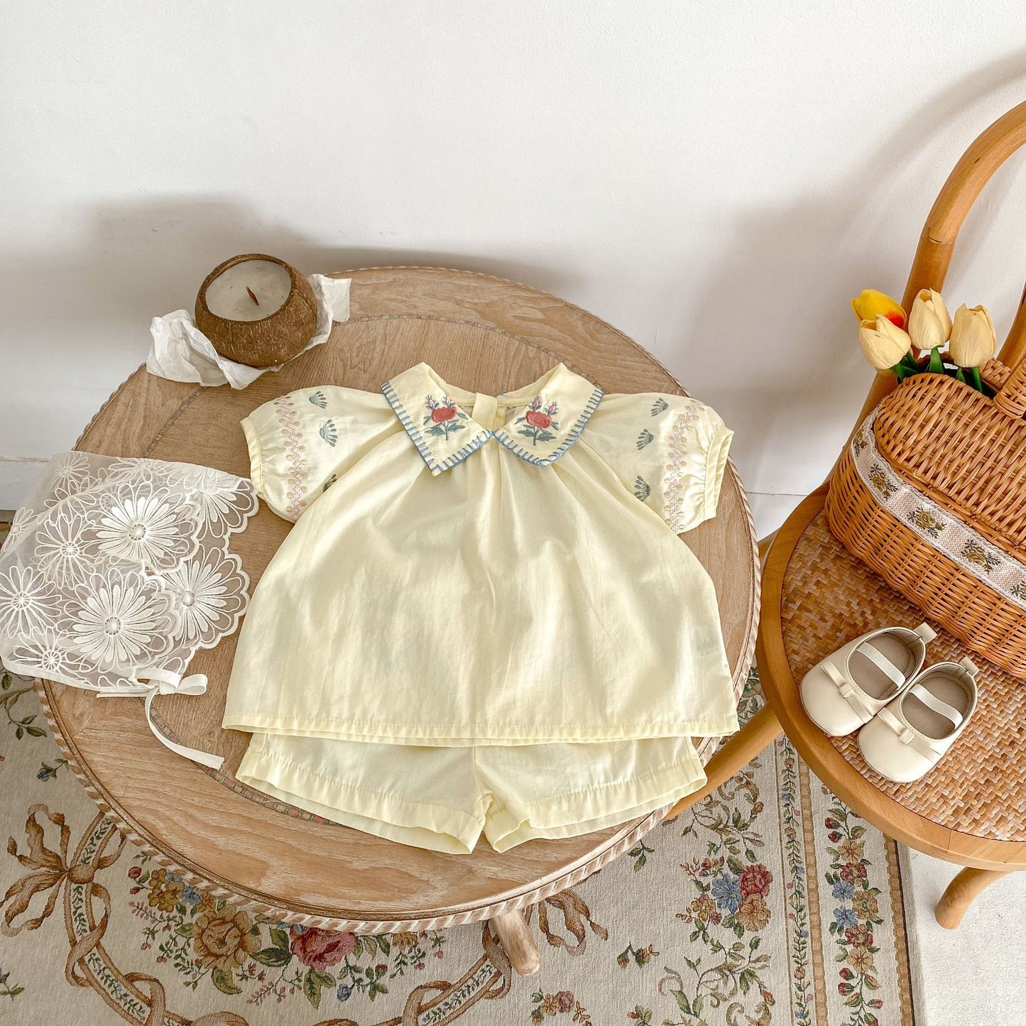 Baby Girl Flower Embroidered Lapel Short-sleeved Shirt Thin Shorts Suit