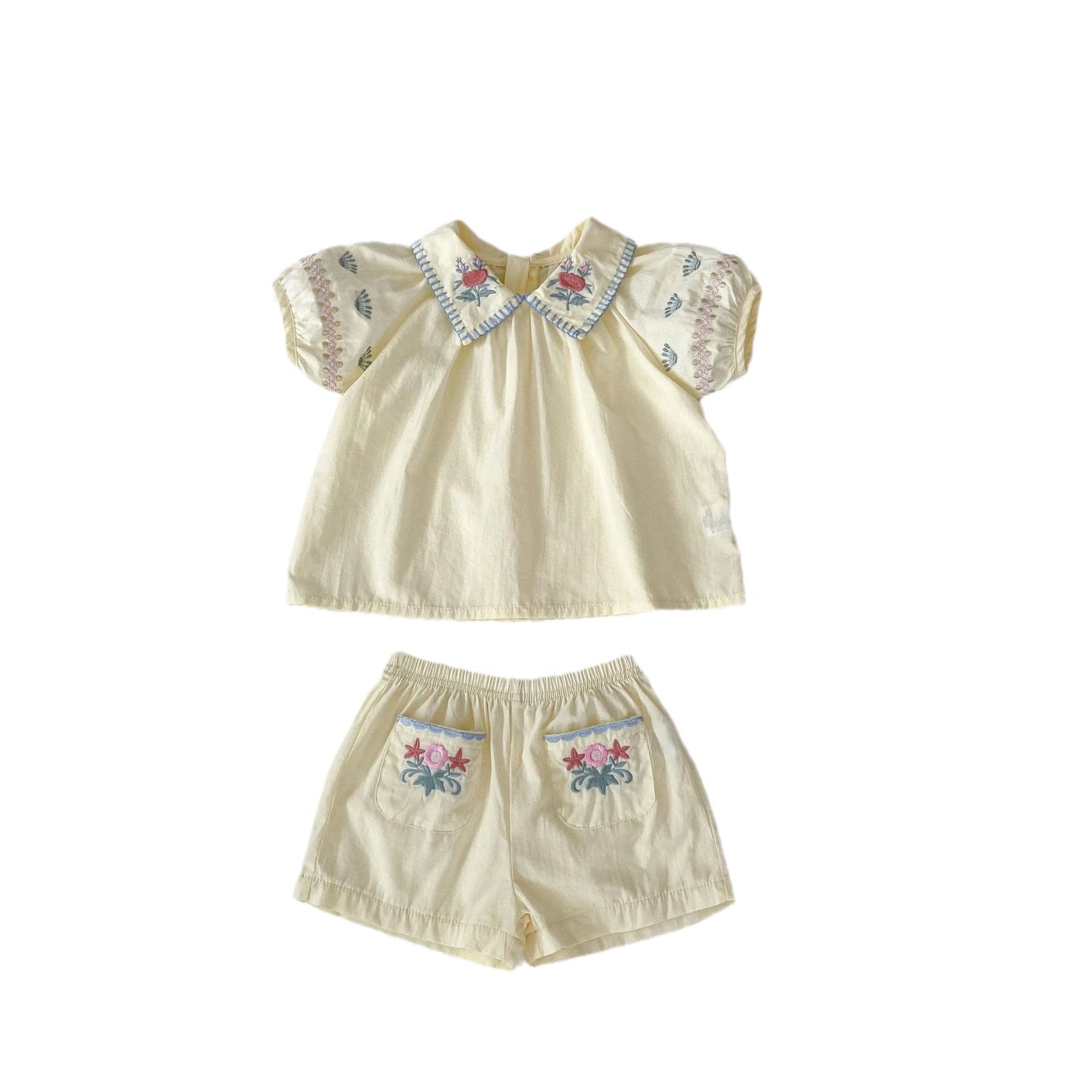 Baby Girl Flower Embroidered Lapel Short-sleeved Shirt Thin Shorts Suit