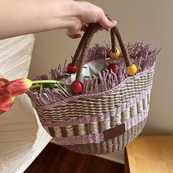 Picnic Basket Tassel Wooden Bead Decorative Cute Handbag Hand Woven