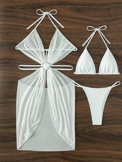 Bikini de cuello halter de 3 piezas para playa, traje de baño dividido de color sólido para verano, ropa de mujer