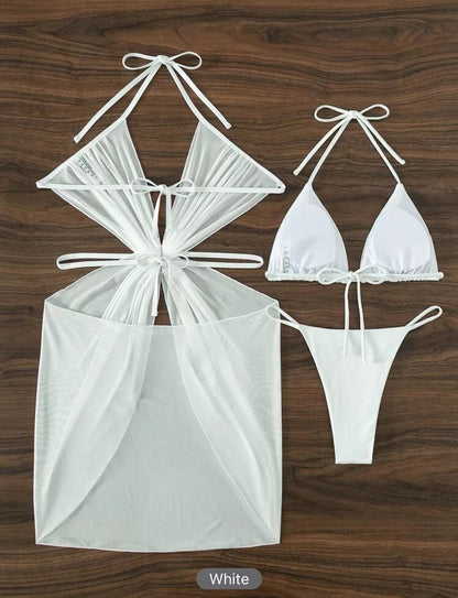 Bikini de cuello halter de 3 piezas para playa, traje de baño dividido de color sólido para verano, ropa de mujer