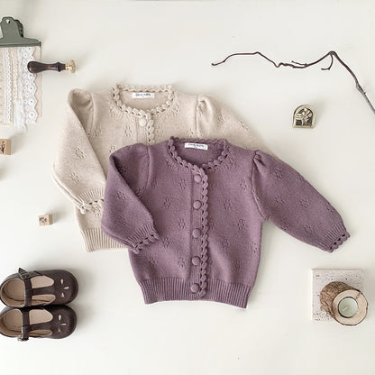 Girls' Hand Crocheting Round Neck Cardigan Thickened Sweater