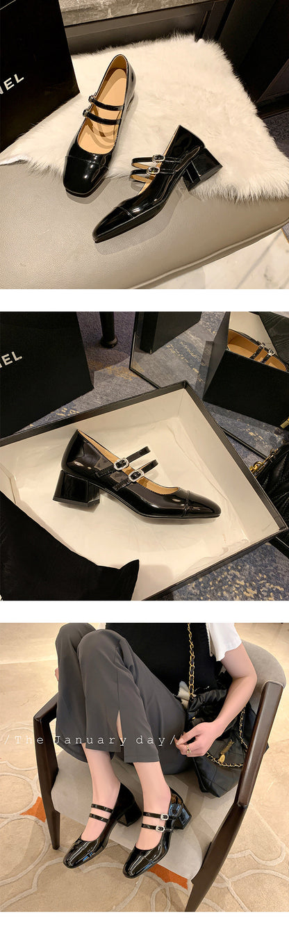 Square Toe Chunky Heel Buckle Mid-heel High Heel Women's Shoes