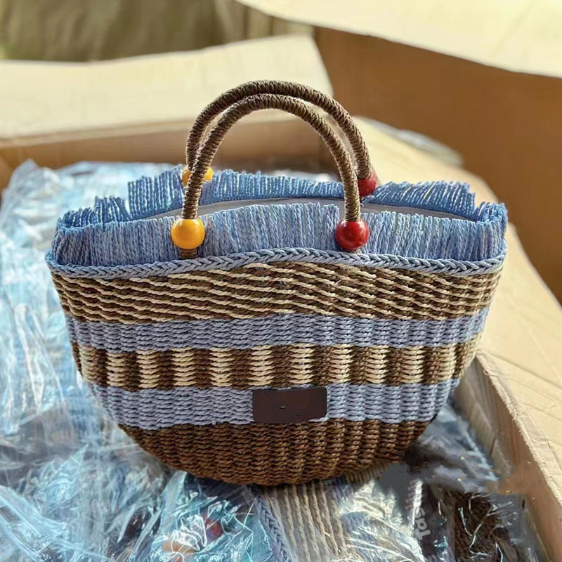 Picnic Basket Tassel Wooden Bead Decorative Cute Handbag Hand Woven