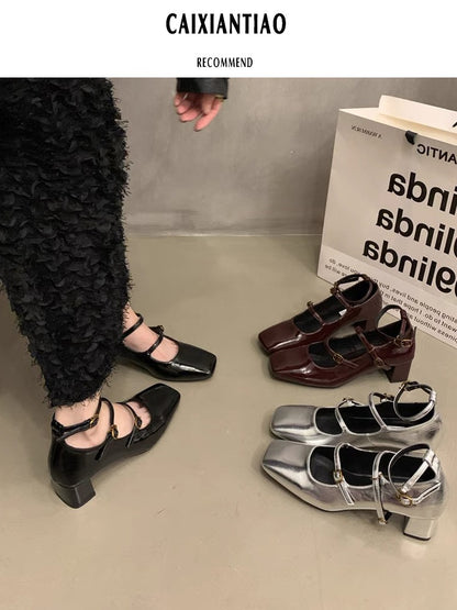 Silver Square Toe French Style Women's Shoes Chunky Heel Pumps High Heels