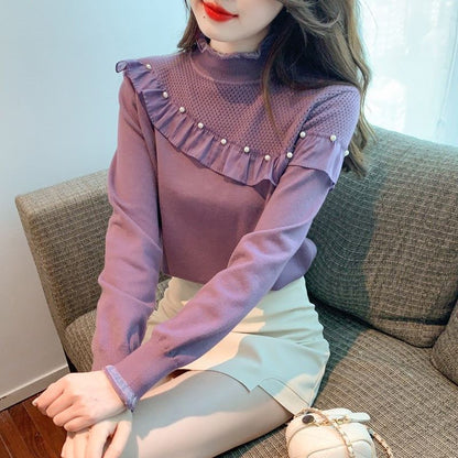 Women's Ruffled Stitching Half-high Collar Long Sleeves Knitwear