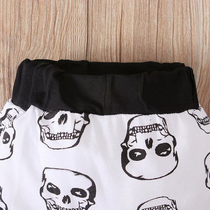 Boy's Halloween Short-sleeved Skull Jumpsuit Romper Printed Trousers Striped Hat 4-piece Suit