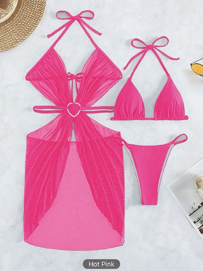 Bikini de cuello halter de 3 piezas para playa, traje de baño dividido de color sólido para verano, ropa de mujer