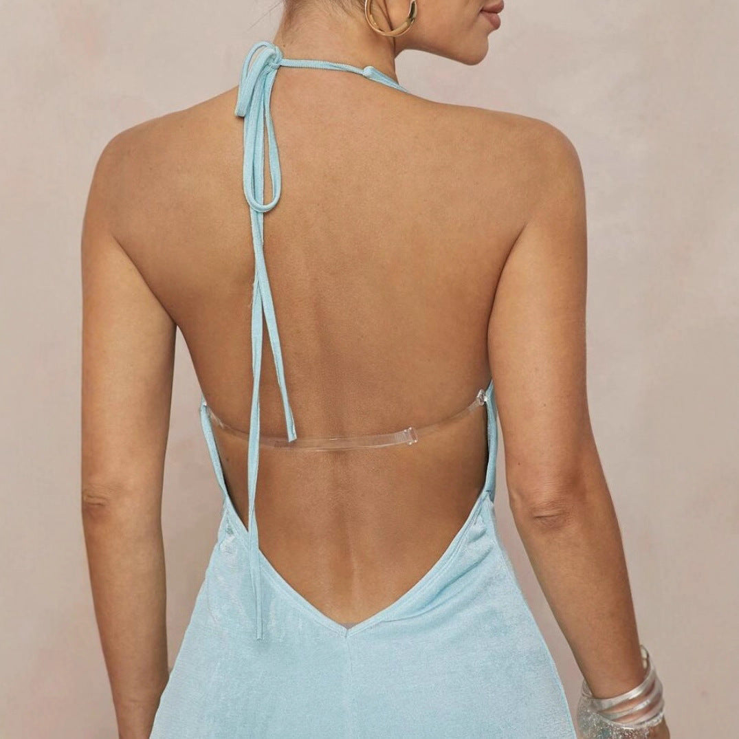 Deep V-neck Halter Dress With Open Back For Beach Vacations