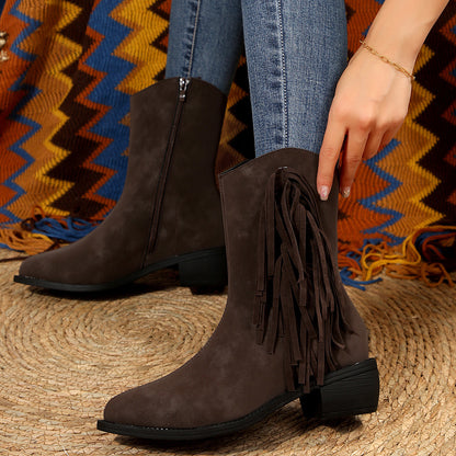 Botas de caballero con borlas, cremallera lateral, punta puntiaguda y tacón bajo elegantes para mujer