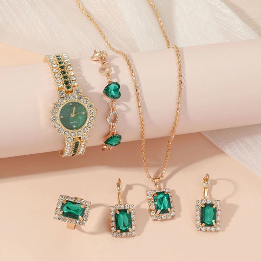Beliebte kleine grüne Uhr Damen Stahlgürtel Quarzuhr Ring Geschenkset Boxed Fünfteiliges Set