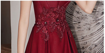 Vestido de noche con tirantes de compromiso, estilo sencillo, color rojo vino