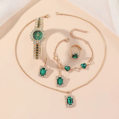 Beliebte kleine grüne Uhr Damen Stahlgürtel Quarzuhr Ring Geschenkset Boxed Fünfteiliges Set