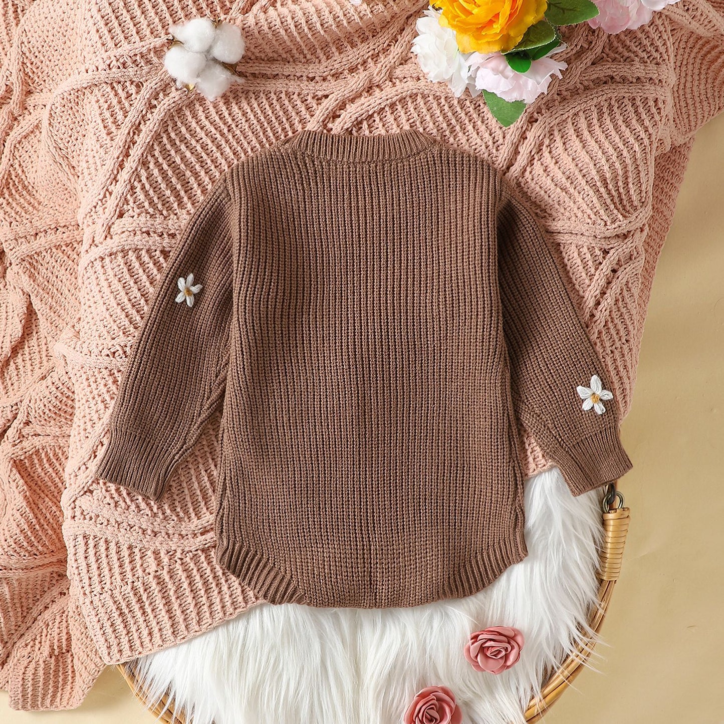 Infant Casual Flower Embroidered Sweater Long Sleeve Jumpsuit