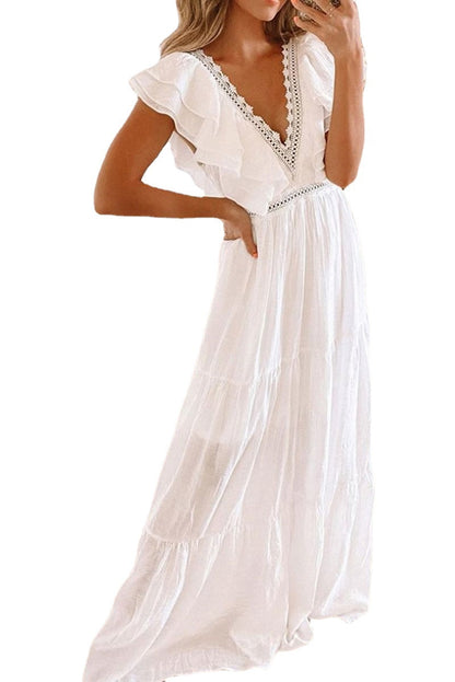 Vestido de mujer de manga corta con encaje blanco y escote en V