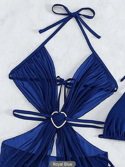 Bikini de cuello halter de 3 piezas para playa, traje de baño dividido de color sólido para verano, ropa de mujer
