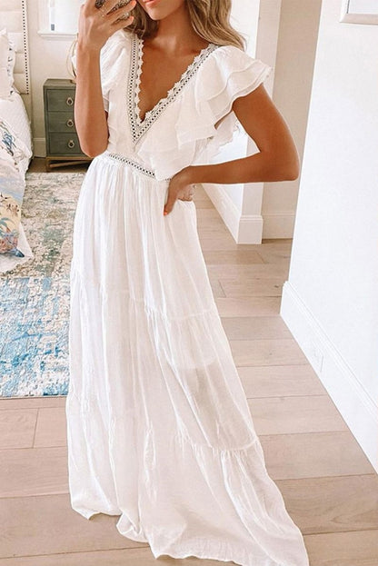 Vestido de mujer de manga corta con encaje blanco y escote en V