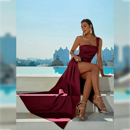 One-shoulder Off-neck Prom Party Slit Evening Dress
