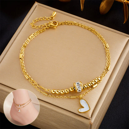Joyería de moda Boho Classic Love Heart Ankle Chain Pulsera de cadena de doble capa Tobillera Charm Borla Cadena de pierna Cadena de pie Mujeres Accesorios de joyería de fiesta
