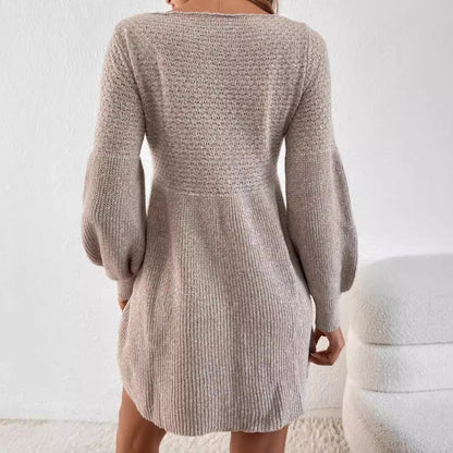 Lässiger, lockerer Strickpullover mit Laternenärmeln, hoher Taille und A-förmigem Saum und Rundhalsausschnitt