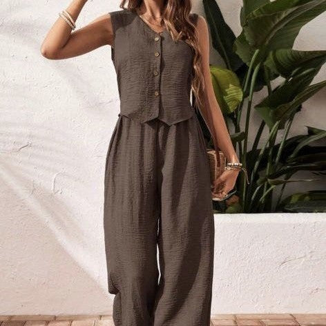 Linen Leisure Commute Front Button Vest And Trousers
