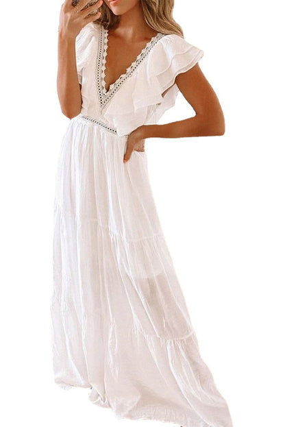 Vestido de mujer de manga corta con encaje blanco y escote en V