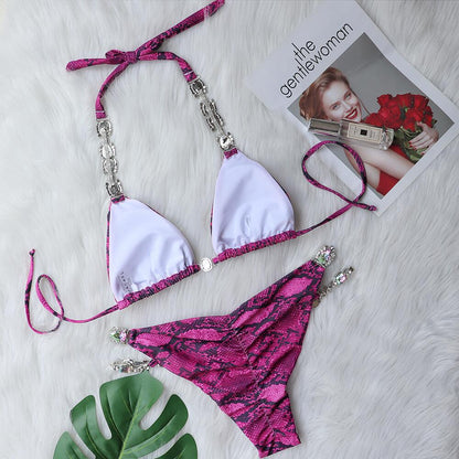 Traje de baño de playa con estampado de diamantes de cristal para vacaciones junto al mar